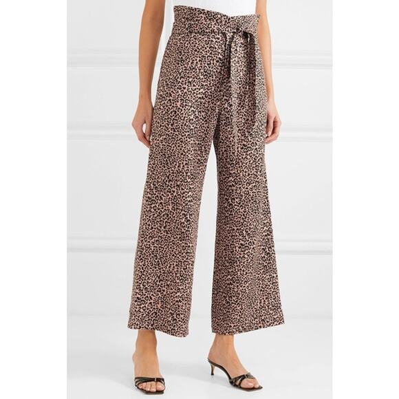 Reformation Jackie Cropped Belted Leopard Print Linen Wide Leg Pants Size 2 - Picture 1 of 11
